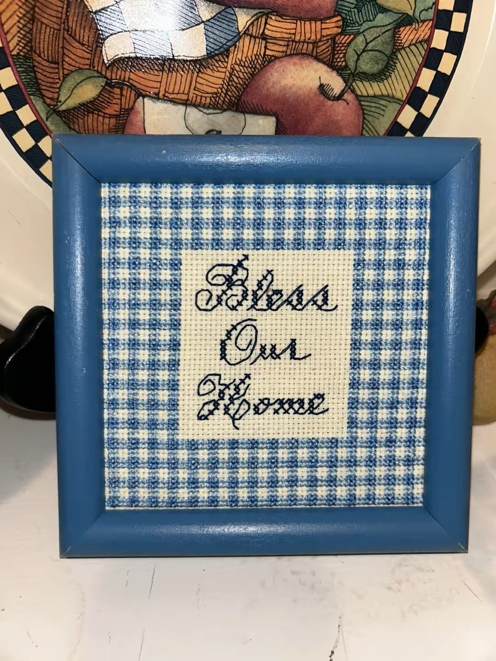 Handmade bless our home cross stitch with blue wood frame
